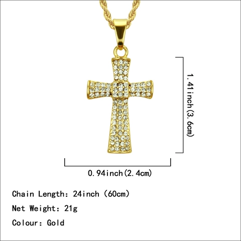 Collar con Colgante de Cruz Hip Hop Chapado en Oro para Hombre Mujer Joyería de Crucifijo Religioso con Rhinestone y Cadena de Cuerda
