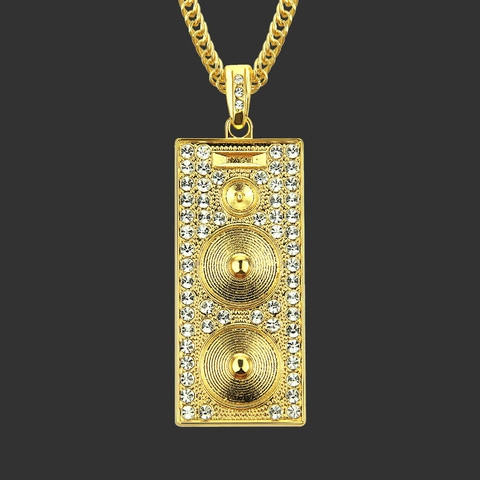 Collana con Ciondolo Altoparlante Hip Hop Placcato Oro per Uomo Donna Ciondolo Box Audio Rettangolare in Lega con Strass Catena Cubana Gioielli