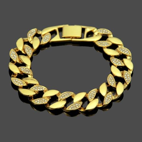 Bracciale a Catena Cubana da Uomo Hip Hop Iced Out in Lega Placcata Oro Con Strass Intarsiati Gioielli Streetwear da Uomo