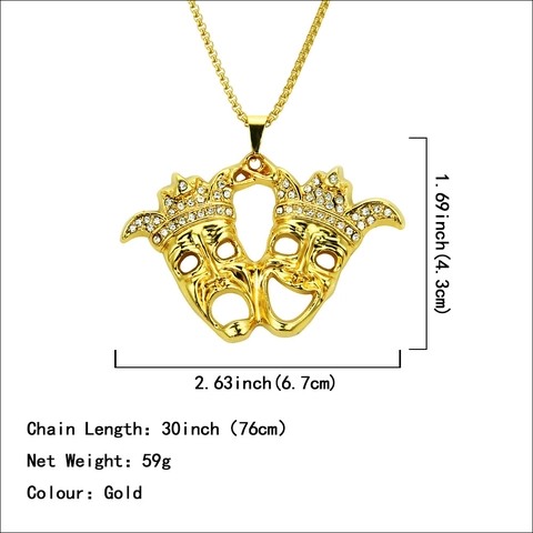 Hip Hop Two Face Joker Hanger Ketting Legering Strass Kroon Maskers Komedie Tragedie Box Ketting Voor Mannen Goud Kleur