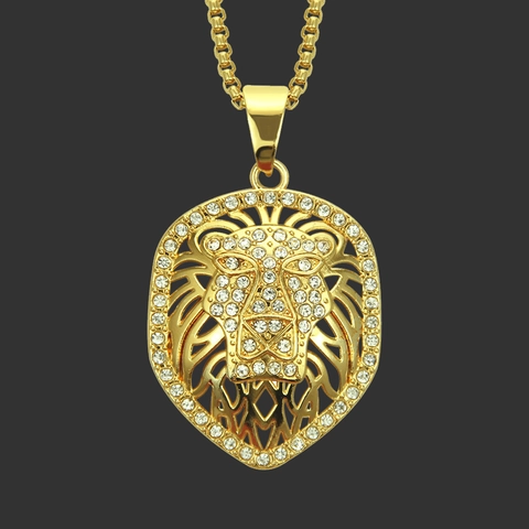 Collana con Ciondolo Testa di Leone Hip Hop Oro per Uomo Lega Traforata con Strass Incastonati Catena a Scatola Gioielli