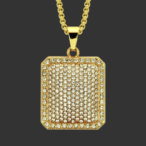 Collier pour Hommes Hip Hop Iced Out Pendentif Rectangulaire Alliage d'Or Strass Chaîne Vénitienne Style Militaire Bijoux