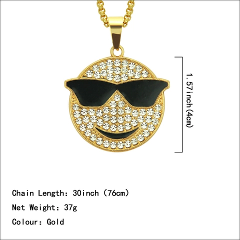 Hip Hop Gold Plated Alloy Smile Face Emoji Pendant Necklace With Rhinestone Sunglasses Smiley Face Jewelry For Men Women