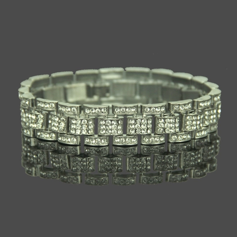 Men Hip Hop Iced Out Bracelet Alloy Rhinestone Inlaid Watch Band Style Cuban Link Chain Bracelet For Men Fashion Jewelry