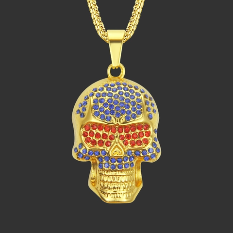 Collar de Colgante de Calavera de Aleación de Zinc Chapado en Oro Hip Hop para Hombre con Diamantes de Imitación Azules y Rojos