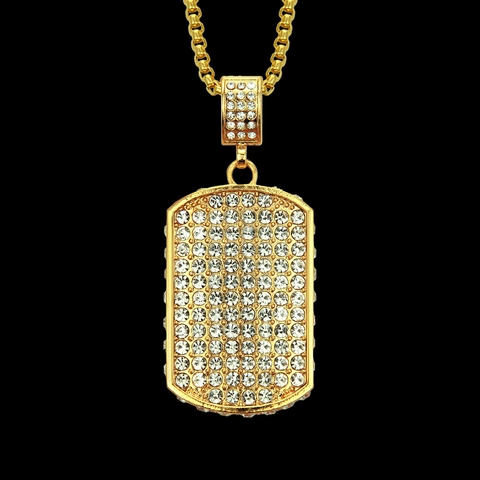 Hip Hop Men Gold Plated Iced Out Rhinestone Rectangle Dog Tag Pendant Necklace With Box Chain Fashion Trendy Jewelry