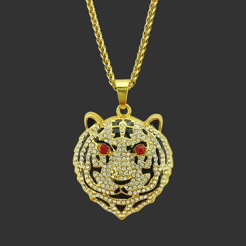 Hip Hop Tigerkopf Anhänger Halskette Vergoldet Legierung Strass Rote Augen Tier Schmuck Weizenkette Für Herren Damen Schmuck Geschenk