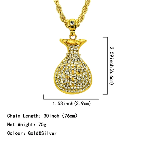 Collana con Ciondolo a Sacco di Soldi Dollaro Hip Hop Gioielli in Lega di Strass Catena a Corda per Uomo Donna Streetwear