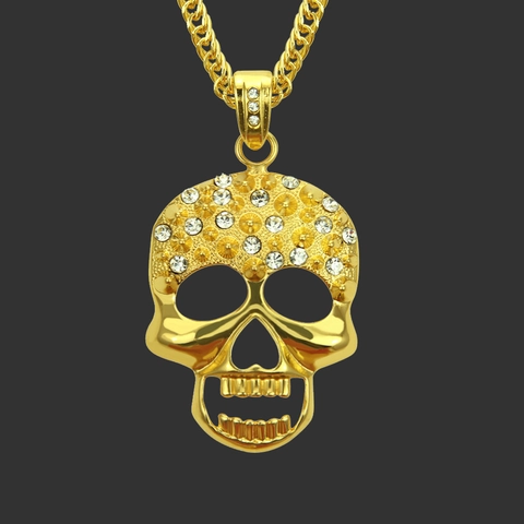 Collana con Ciondolo a Teschio in Lega Dorata Hip Hop Strass Catena Barbazzale Gioielli Punk Rock Streetwear per Uomo Donna