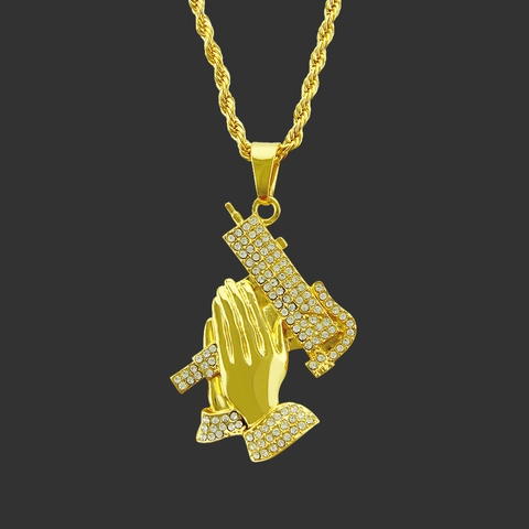 Collana Hip Hop Placcata in Oro con Ciondolo Mani in Preghiera e Mitra per Uomo Gioielli con Strass e Catena a Corda