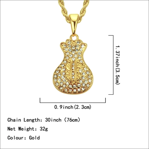 Hiphop Gold Color Zinc Alloy Pave Rhinestone Money Bag Pendant Necklace With Dollar Sign Symbol Rope Chain Men Street Jewelry