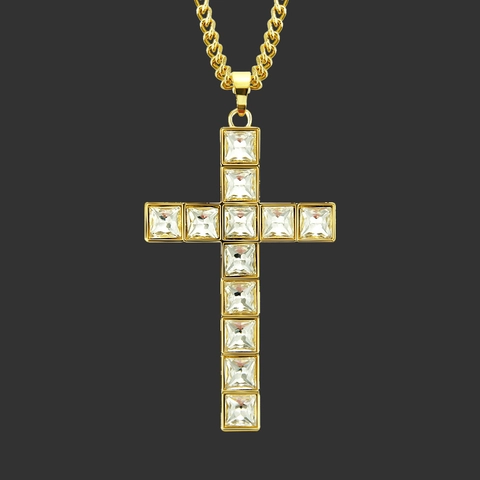 Collar con Colgante de Cruz para Hombre Hip Hop Color Dorado Aleación de Zinc Diamante de Imitación Cadena Cubana Regalo