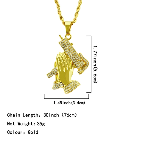 Collana Hip Hop Placcata in Oro con Ciondolo Mani in Preghiera e Mitra per Uomo Gioielli con Strass e Catena a Corda