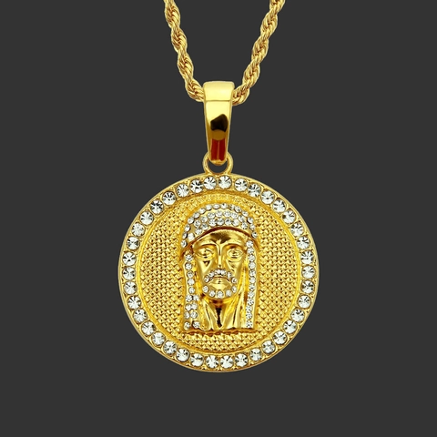 Collar de Hip Hop en Aleación Dorada Con Colgante de Jesús Medallón Redondo Estrás y Cadena de Cuerda Joyería para Hombre