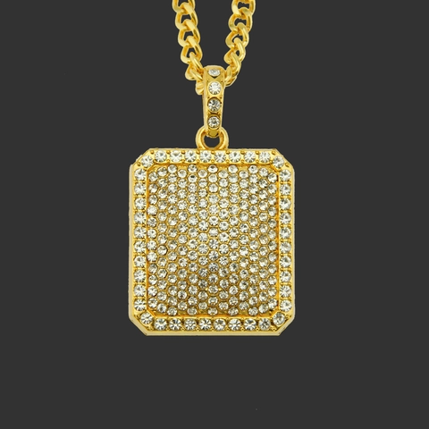Collana Con Pendente Quadrato Hip Hop Iced Out per Uomo Donna Lega Placcata Oro Argento Strass Targhetta Militare Catena Cubana Gioielli