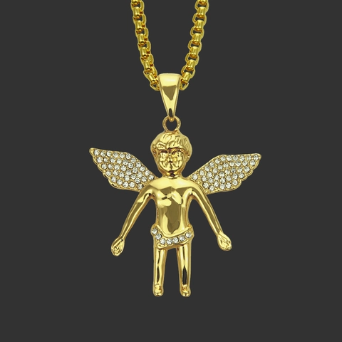 Collana con Pendente Angelo in Lega Oro Hiphop Brillante Strass Cherubino Catena Veneziana per Uomo Donna Gioielli alla Moda