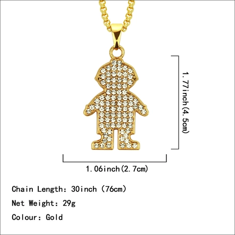 Hip Hop Iced Out Kleiner Junge Anhänger Halskette Für Herren Vergoldet Legierung Strass Cartoon Figur Box Kette Schmuck