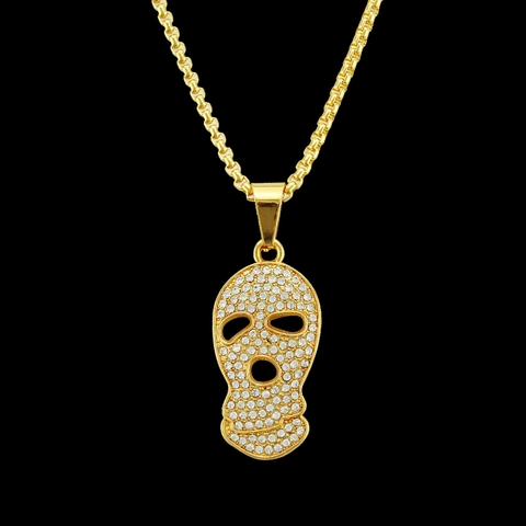 Collana con Ciondolo a Maschera di Teschio Hip Hop da Uomo in Lega Placcata Oro con Strass Iced Out Catena a Box Gioielli