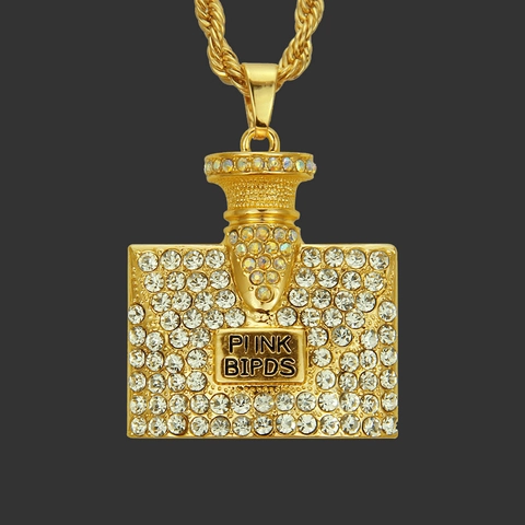 Hip Hop Iced Out Perfume Bottle Pendant Necklace Gold Color Alloy Rhinestone Rope Chain Jewelry For Men Women Daily Party