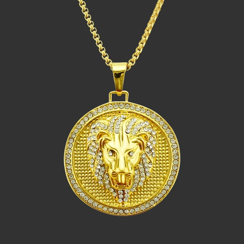 Collar Hip Hop Hombre Colgante Cabeza de León Aleación de Zinc Strass Cadena de Caja Street Style Joyería de Moda