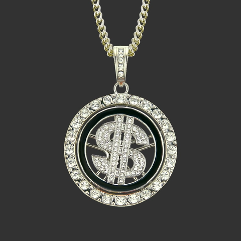 Collana con Pendente a Segno del Dollaro Girevole Hip Hop in Lega con Strass Oro Argento Catena Cubana Gioielli Uomo