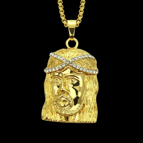 Collana Con Ciondolo Testa di Gesù in Lega Placcata Oro Hip Hop Con Corona di Spine in Strass Catena a Box 30 Pollici Gioielli Uomo