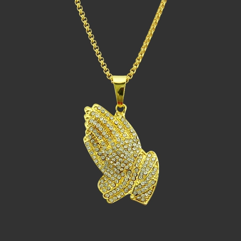 Hip Hop Iced Out Praying Hands Pendant Necklace Alloy Rhinestone Box Chain Men Fashion Jewelry Gold Silver