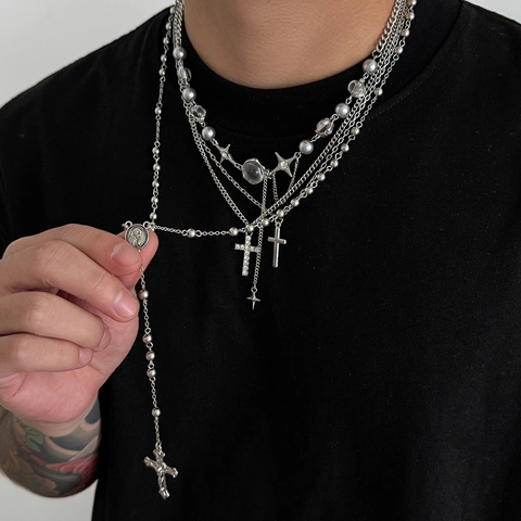 Collana a Strati da Uomo Hip Hop Gothic Croce in Metallo Ferro Stella Medaglione Religioso Perla Artificiale Ciondolo Strass
