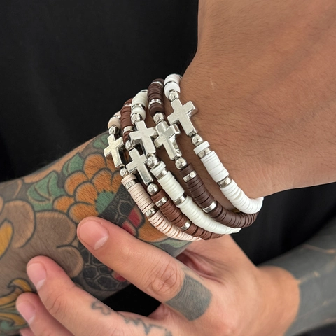 Men 5pcs Polymer Clay Heishi Bead Bracelet Set Alloy Silver Cross Pendant Elastic Handmade Boho Mixed Color Jewelry