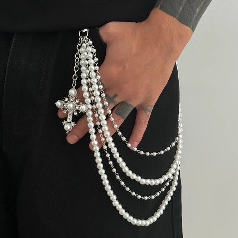Herren Gothic Mehrschichtig Künstliche Perle Hosenkette Mit Kreuz Anhänger Legierung Metall Galvanisiert Hip Hop Taillenkette