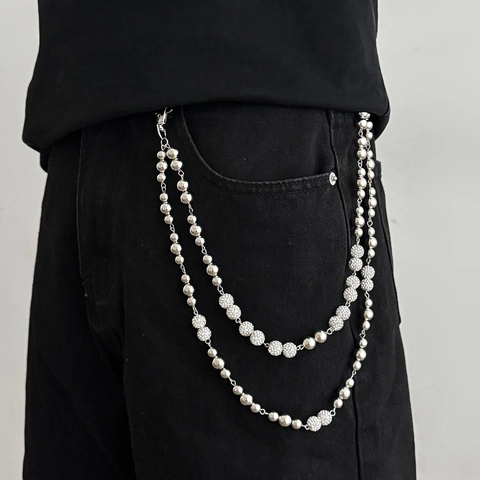 Catena per Pantaloni a Doppio Strato in Lega con Perle Artificiali e Strass Catena in Vita a Sfere di Metallo Moda Unisex