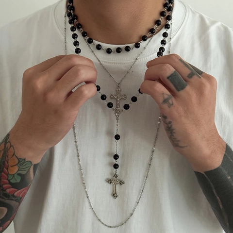 Men's Hip Hop Layered Cross Necklace Alloy Beaded Artificial Pearl Pendant Long Sweater Chain Gothic Streetwear Jewelry