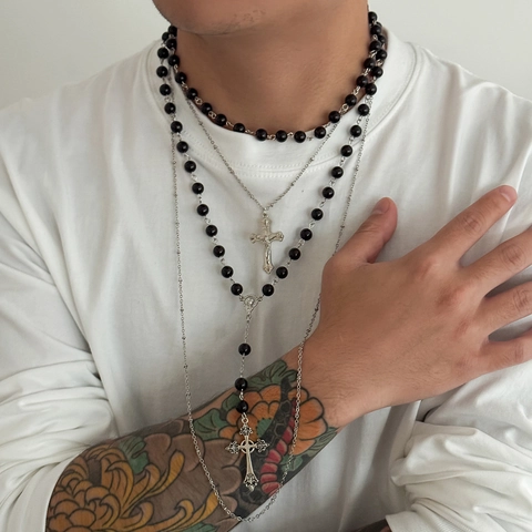 Men's Hip Hop Layered Cross Necklace Alloy Beaded Artificial Pearl Pendant Long Sweater Chain Gothic Streetwear Jewelry