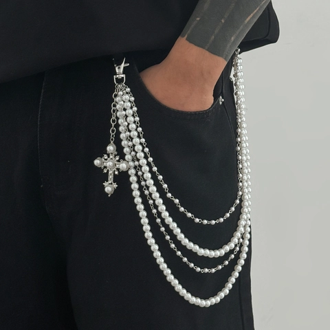 Herren Gothic Mehrschichtig Künstliche Perle Hosenkette Mit Kreuz Anhänger Legierung Metall Galvanisiert Hip Hop Taillenkette