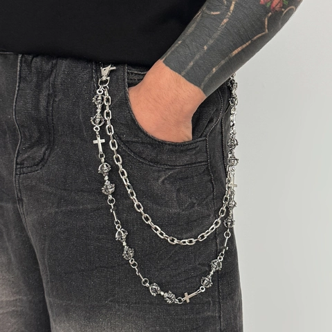 Gothic Punk Doppellagig Legierung Hosenkette Für Herren Mit Kreuz Totenkopf Krone Anhänger Silber Portemonnaie Kette Schmuck