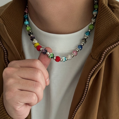Men Multicolor Rhinestone Beaded Necklace Acrylic Pave Disco Ball Beads Alloy Handmade Hip Hop Streetwear Fashion Jewelry