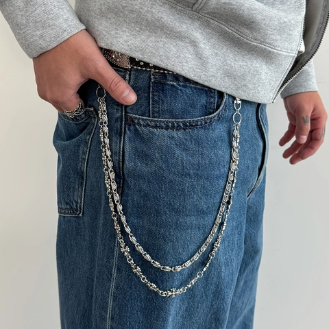 Retro Alloy Gothic Cross Flower Double Layer Pants Chain Hip Hop Streetwear Trousers Waist Chain For Men Silver Color Jewelry