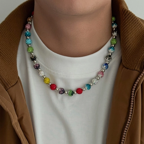 Men Multicolor Rhinestone Beaded Necklace Acrylic Pave Disco Ball Beads Alloy Handmade Hip Hop Streetwear Fashion Jewelry