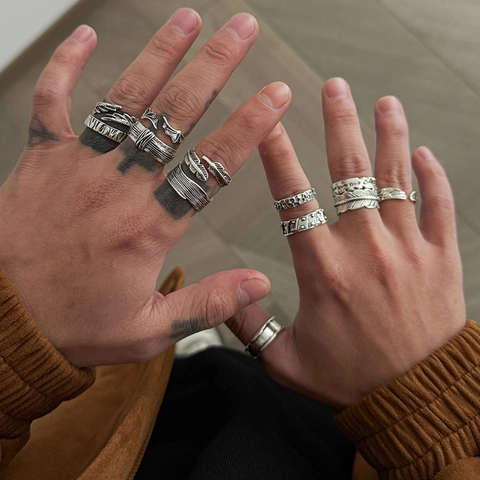 Men's Vintage Feather Ring Set 12 Pieces Punk Gothic Bohemian Adjustable Antique Silver Color Alloy Band Rings Jewelry