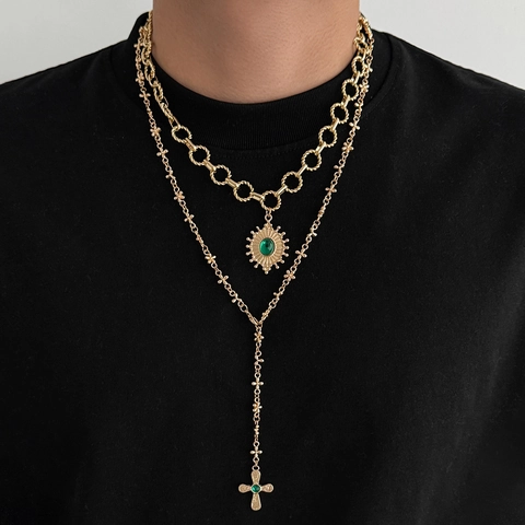 Vintage Gold Men Necklace Set Iron Alloy Rhinestone Cross Pendant Double Layered Sunburst Green Gemstone Jewelry Gift