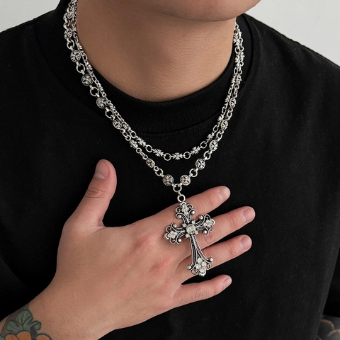 Men's Vintage Gothic Layered Necklace Alloy Cross Pendant Rhinestone Inlaid Hip Hop Fashion Jewelry Antique Silver