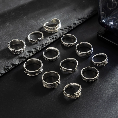 Men's Vintage Feather Ring Set 12 Pieces Punk Gothic Bohemian Adjustable Antique Silver Color Alloy Band Rings Jewelry