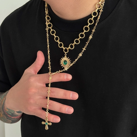 Vintage Gold Men Necklace Set Iron Alloy Rhinestone Cross Pendant Double Layered Sunburst Green Gemstone Jewelry Gift