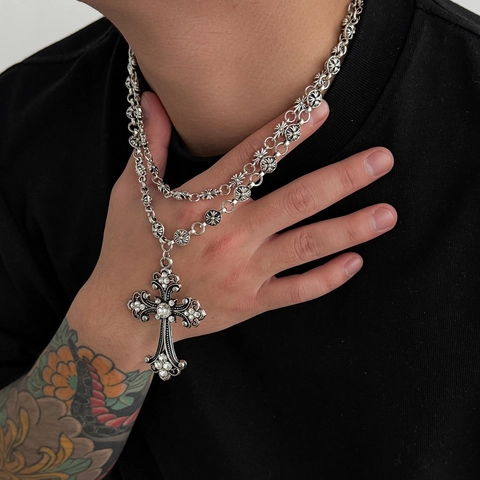 Men's Vintage Gothic Layered Necklace Alloy Cross Pendant Rhinestone Inlaid Hip Hop Fashion Jewelry Antique Silver