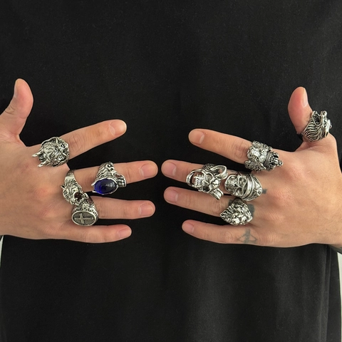 Men's 9PCS Vintage Punk Ring Set Retro Gothic Lion Tiger Skull Cross Blue Rhinestone Ancient Silver Alloy Ring For Men