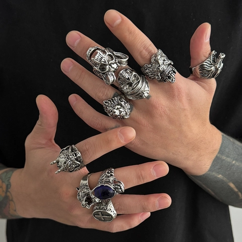Men's 9PCS Vintage Punk Ring Set Retro Gothic Lion Tiger Skull Cross Blue Rhinestone Ancient Silver Alloy Ring For Men