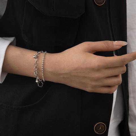Doppellagiges Edelstahl Armband Für Damen Herren Hohle Blume Anhänger Kugelkette Verstellbar Streetstyle Mode Schmuck