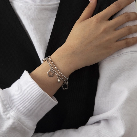 Doppellagiges Edelstahl Armband Für Damen Herren Hohle Blume Anhänger Kugelkette Verstellbar Streetstyle Mode Schmuck