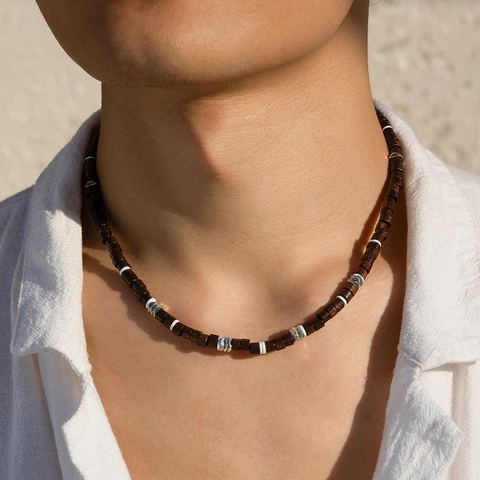 Collier en Perles de Bois Personnalisé pour Homme Ethnique Vintage Minimaliste Chaîne de Perles Cylindriques Avec Entretoises en Alliage Bijoux de Mode Cadeau