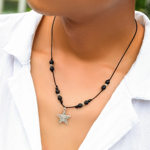 Men Lava Stone Star Pendant Necklace Simple Bohemian Hip Hop Style Unisex Adjustable Black Wax Cord Fashion Jewelry Gift